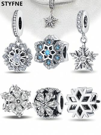 STYFNE 1pc Winter Snowflake Micro-Inlaid Zirconia Beaded Silver Pendant, Suitable For Bracelet DIY, Women Jewelry, Handmade Daily Small Gift