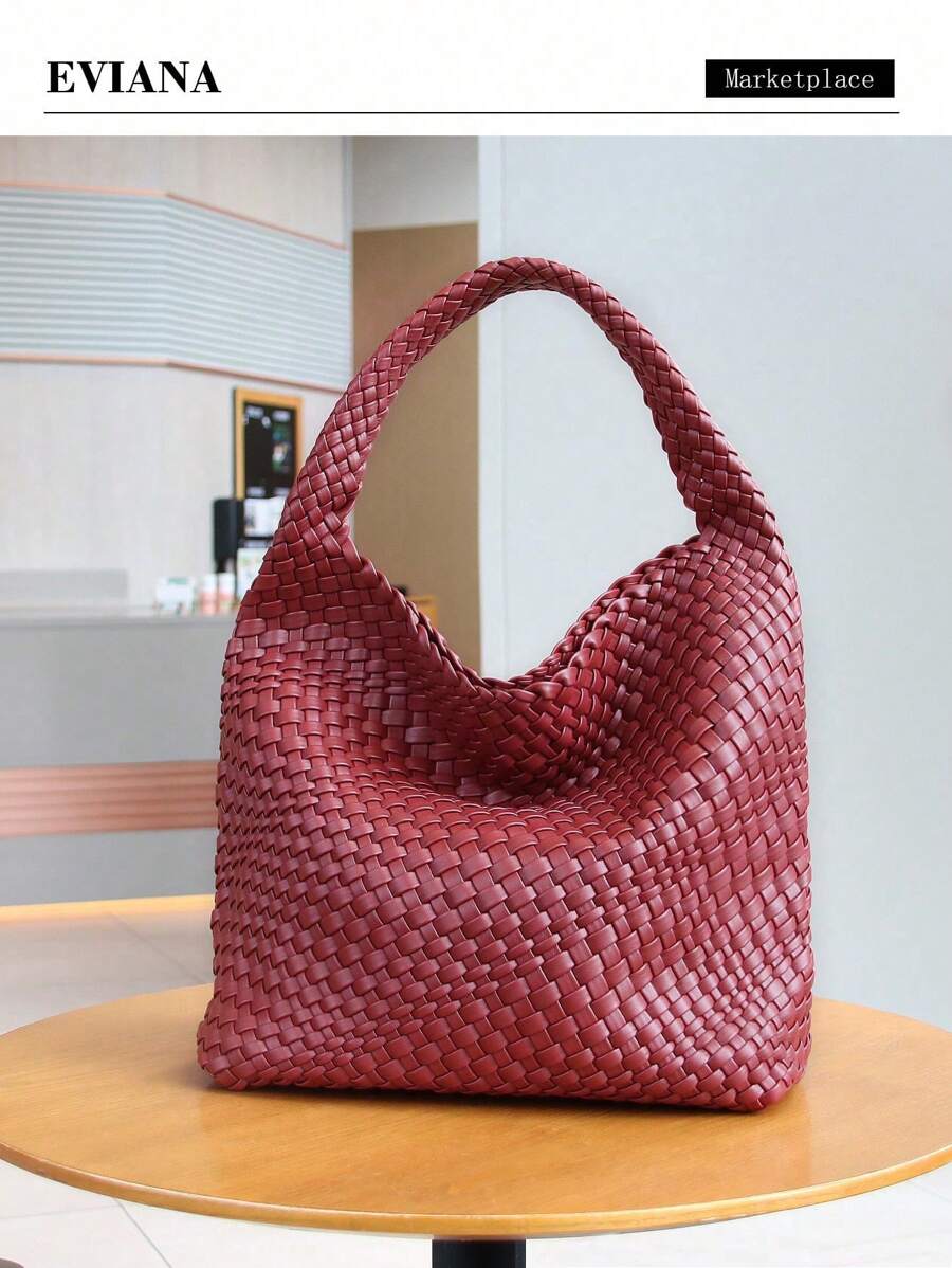 New Stylish Minimalist Chic Design Braided Tote Bag, Bucket Bag, Shoulder Bag, Underarm Bag, Retro Style, Suitable For Office Work, Commute, White Collar, Student, Adorable Dopamine Color Series - 酒紅色 - 查看 1