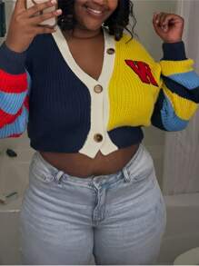 Spring Summer Loose Plus Size Street Colourblock Women Seweaters V-Neck Striped Long Sleeve Letter W Button Women Cardligans Y2k For Women - Multicolor - View 3