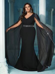 QOQ Noble Elegant Black Hot Drill Rhinestone Cloak Sleeve Umbrella Hem Plus Size Gown Dresses For Banquet, Evening Party - Black - View 5