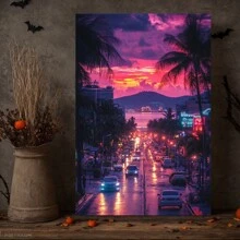 Framed Street At Sunset Wall Art, Cars And Asphalt Road, Modern Urban Scene Artwork,Room, Living Room, Kitchen, Bathroom And Other Decoration, Suitable For Valentine's Day, Halloween, Christmas, New Year And Other Holiday Decoration - Framed - View 3