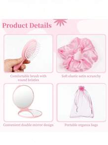 12/20Pcs Pink Party Favors Set - Bridal Shower Gifts, Stretchable Scrunchies, Mirrors, Hair Brushes, Mesh Gift Bags, Hair Accessories For Wedding, Proposal, Birthday Party Supplies Back To School Valentine's Day - Pink - View 3
