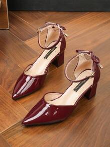 Women's Suede Pointed Toe Hollow Out Bowknot Chunky High Heel Pumps - Patent Leather Red - View 6