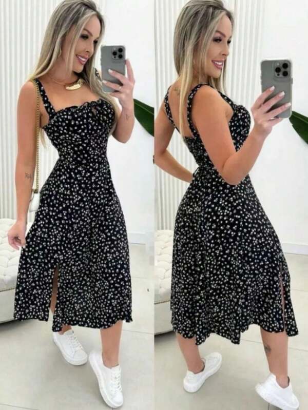 vestido midi com estampa floral fenda lateral