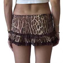 Women Low Waisted Leopard Print Mini Skirt Sexy Ruffle Lace Edge Mini Skirt Skorts - Cà phê nâu - Xem 2