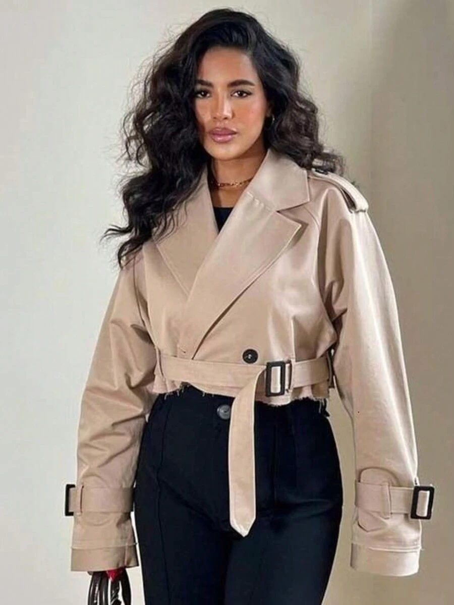 TRAFZA Women's Short Windbreaker Belt Long Sleeve Casual Coat Spring - Khaki - View 1