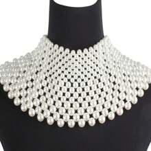 1pc Women's Elegant White Faux Pearl Handmade Crochet Necklace, Fashion Gift For Party, Runway - White - View 5