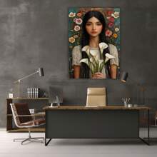 Affiche murale sur toile, femme avec lys, peinture murale pour décoration murale principale, cadre intégré, peinture murale pour salle de bain, chambre à coucher, bureau, salon, décoration murale de la maison (blanc)