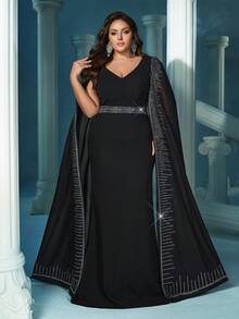 QOQ Noble Elegant Black Hot Drill Rhinestone Cloak Sleeve Umbrella Hem Plus Size Gown Dresses For Banquet, Evening Party - Black - View 6