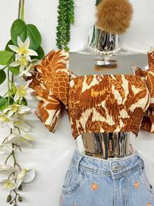 B077 Short Sleeve Floral Trumpet Fabric Elastic Chest - màu nâu - Xem 2