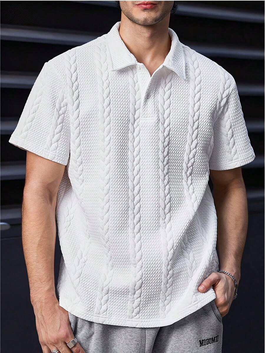 Men's Popular Personalized Solid Color Elastic Wheat Jacquard Turn-Down Collar 4/1 Half-Button Short Sleeve Polo Shirt, Simple And Elegant Fit Suitable For Casual, Fashionable, Outdoor, Commuting, Street Style, New Summer Top