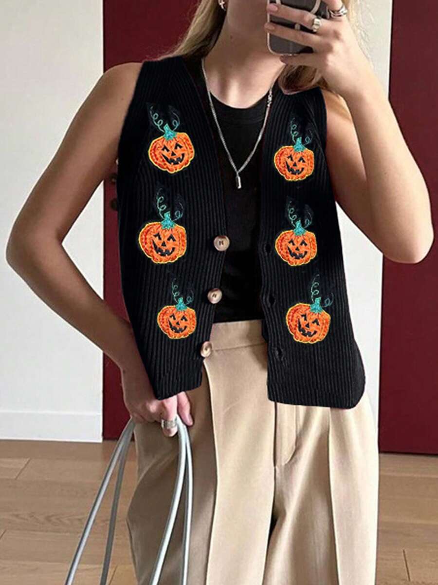 Womens Halloween Sweater Vest Pumpkin V Neck Sleeveless Button Down Knitted Cardigan Casual Streetwear - Orange - View 1