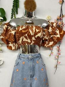 B077 Short Sleeve Floral Trumpet Fabric Elastic Chest - màu nâu - Xem 4