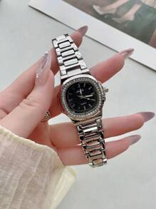 1 pieza Reloj de mujer vintage estilo cuadrado plateado, reloj de cuarzo elegante y de moda, apropiado para uso diario, fiestas, citas, vacaciones, como regalo y otras ocasiones, incluye herramienta de ajuste para la decoración de la muñeca.