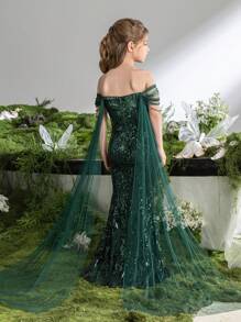 女童露肩珠饰亮片美人鱼尾派对礼服