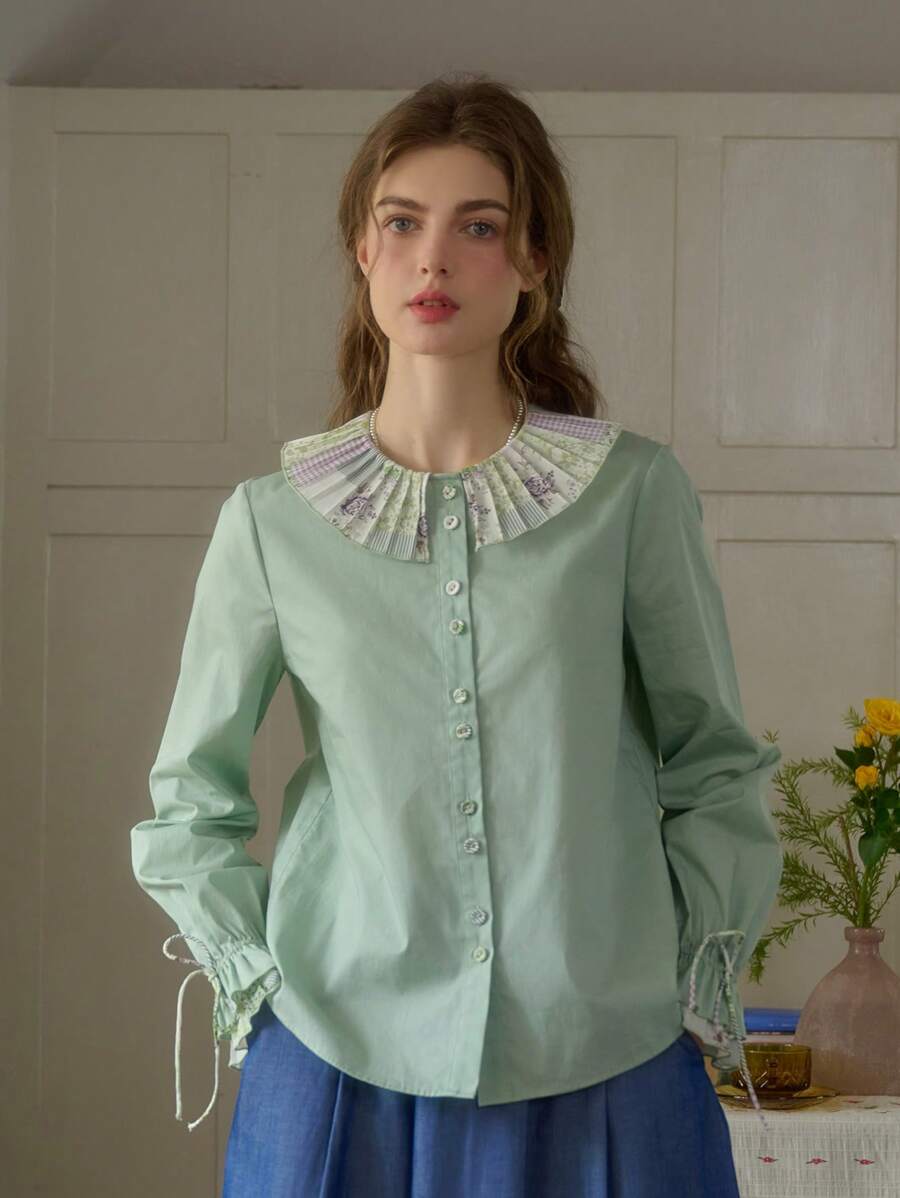 Simple Retro Women's Spring And Summer Models Holiday Style Patchwork Collar Printing Collision Green Elegant Retro Temperament Casual Long-Sleeved Shirt Blouse Top - Green - View 1