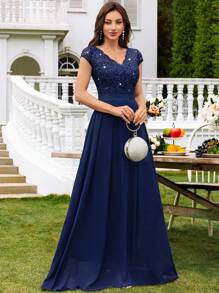 MIUSOL V-Neck Sequin Lace Short Sleeve Chiffon Ruffle Hem Maxi Dress, Elegant Women's Party Gown, Formal Evening Dress, Ball Gown, Suitable For Wedding Guests, Graduation Ceremony, Gala Dinner And Other Occasions, For Valentine's Day - Navy Blue - View 7