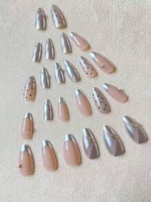 24pcs Set Diamond-Encrusted Nude Stiletto Cat Eye Polka Dot Removable Fake Simple Fashionable Versatile European-American Style Nail Tips, Featuring A Classy Design Suitable For Balls, Dates, Parties, Home And Daily Wear, Ideal Gift For Fashionable Ladies & Girls, Today's Order Includes 1 Pack Of Nail Tips And 1 Nail File