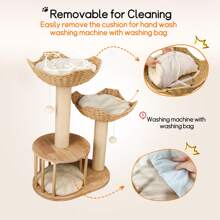 BingoPaw Scratching Post Cat Tree Stable: 3 Levels Modern Cat Scratching Post Climbing Tree With 2 Wicker Baskets Cat Bed Cat Cave Platform Plush Ball 99cm High Cat Furniture Occupation Scratching - Beige - View 12