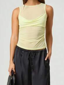 Women's Summer Sheer Vest Sleeveless Round Neck Solid Color Ruched Tank Tops - Yellow - View 3
