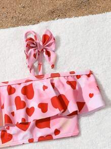 2pcs/Set Young Girl Heart Print Adjustable Shoulder Strap Swimwear & Sports Outfit, Suitable For Outdoor Summer Vacation