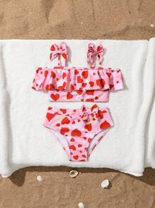 2pcs/Set Young Girl Heart Print Adjustable Shoulder Strap Swimwear & Sports Outfit, Suitable For Outdoor Summer Vacation