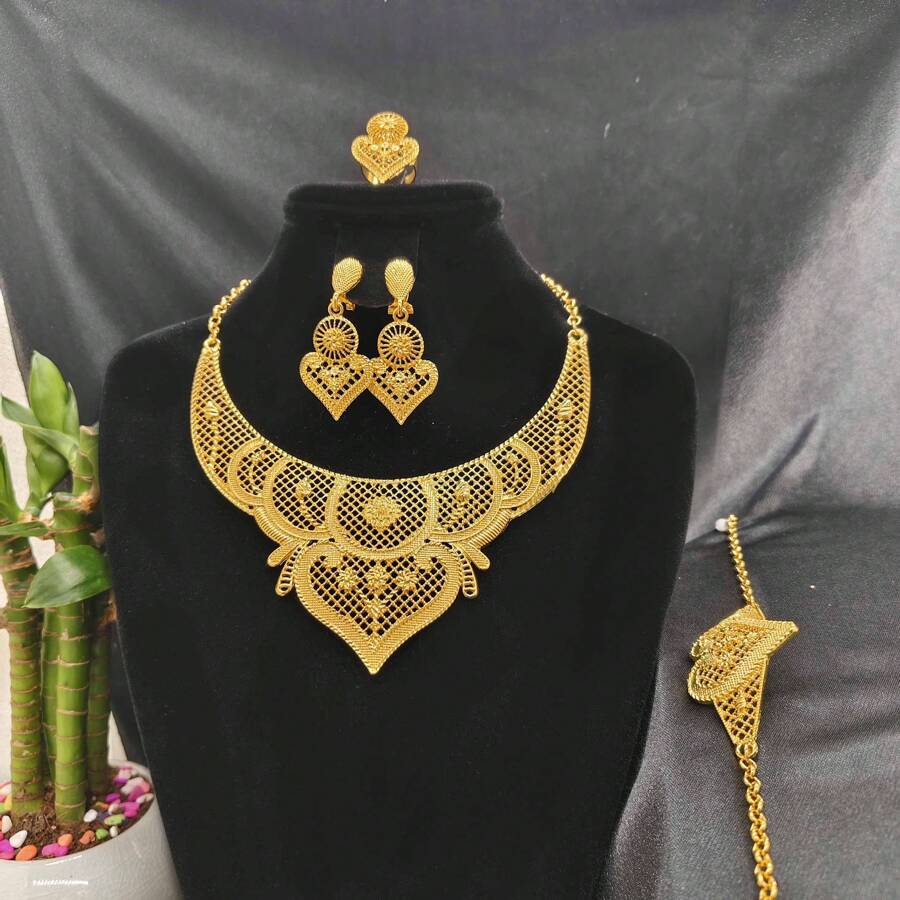 5pcs Retro Style Jewelry Set: Necklace, Earrings, Ring, Bracelet, Chic Bridal Accessories