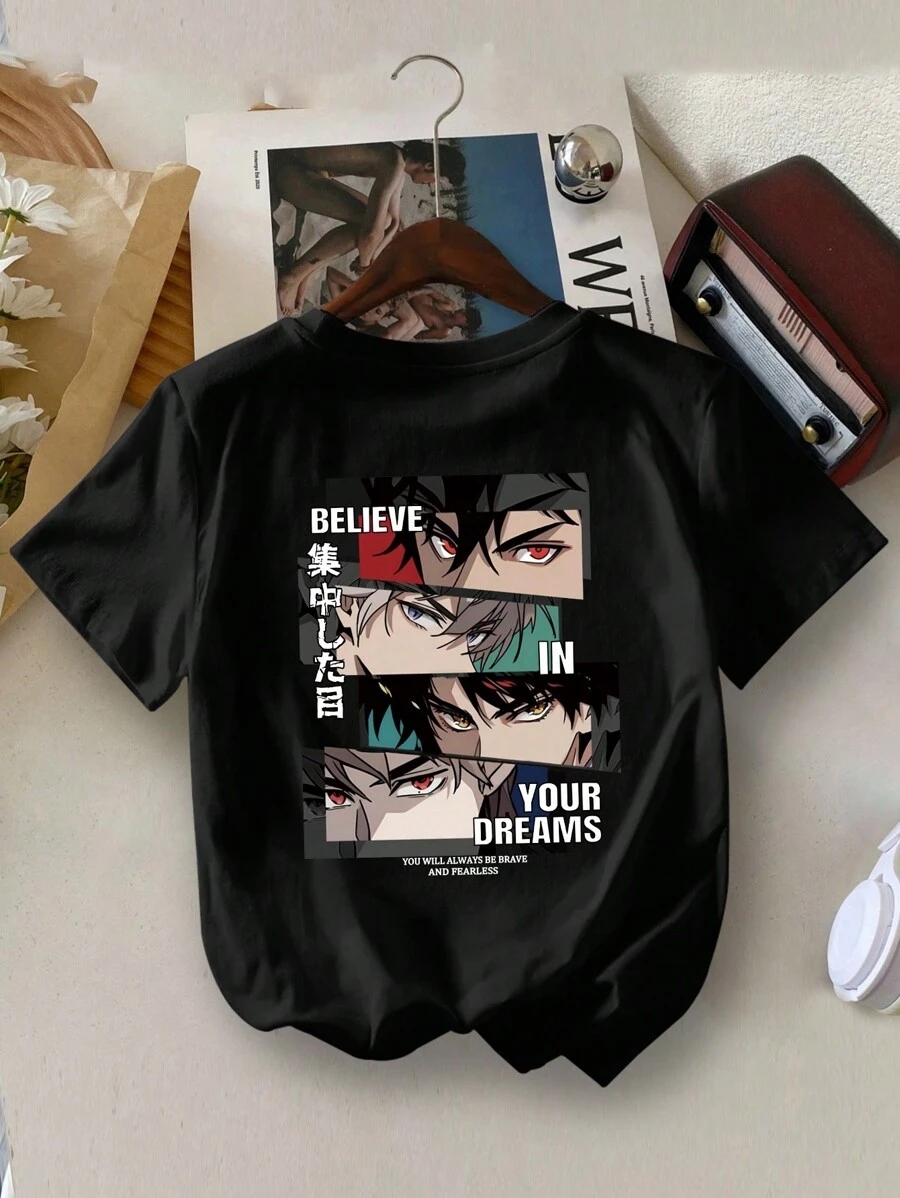 年轻男孩休闲 Yongboy 动画人物图案印花圆领短袖 T 恤，夏季 - 黑色 - 查看 1