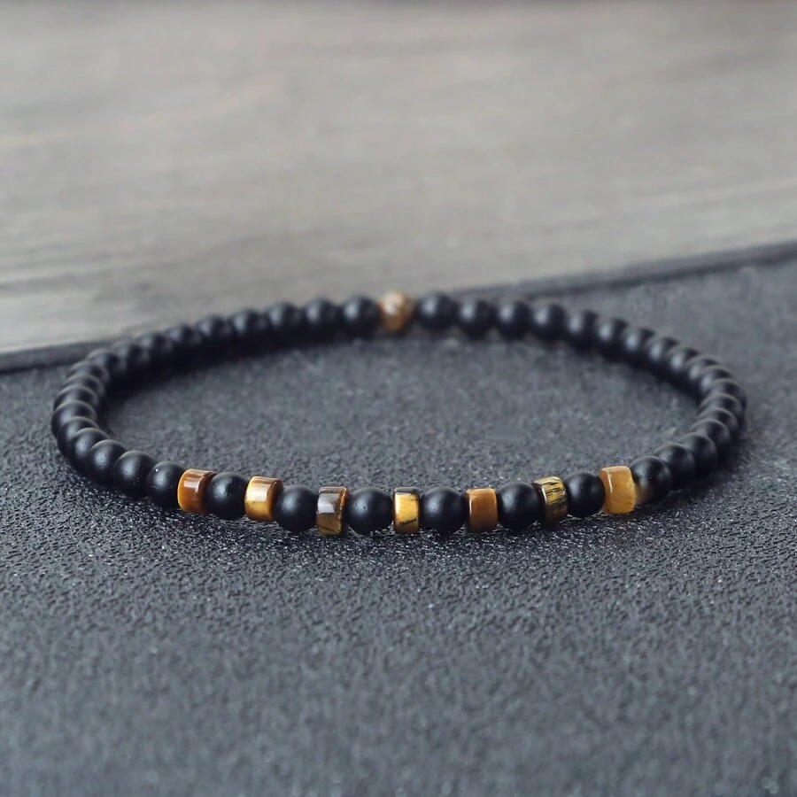 1pc Minimalist 4mm Mini Beads Bracelet Men Tiger Eye Stone Spacer Black Lava Onyx Strand Bracelet Women Men Meditation Yoga Jewelry Gift