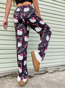 SANRIO [WONDER WORLD]1pc Women Straight Elastic Waist Pajama Pants With Hello Kitty Print - Black - View 6