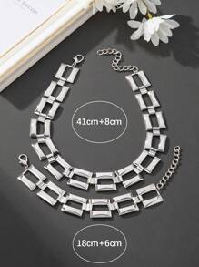 1 Set Fashionable Geometric Hollow Square Metal Chain Necklace & Bracelet Jewelry Set, Gift For Women, Holiday & Vacation