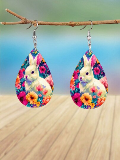 زوج أقراط بضفائر ملونة بنمط الأرنب الأبيض والزهور المطبوعة على الجلد الاصطناعي (PU) ، والجهان، خفيفة الوزن قطرة الدمعة ، أقراط ربيعية ، أقراط عيد الفصح ،هدايا للأعياد للأصدقاء والأمهات والأخوات