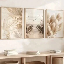 Set de 3 láminas de arte de pared de estilo bohemio de color beige sobre lienzo, impresiones sin marco de hojas y paisaje costero moderno, decoración versátil para interiores y exteriores para dormitorio, sala de estar, comedor, baño, dormitorio - Colección de pósteres artísticos - Albaricoque - Ver 2