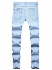 Men's Classic Skinny Fit Stretch Jeans, Distressed Stonewashed Blue - Light Wash - View 4