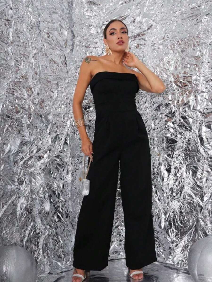 Strapless Jumpsuit With Padded Pants And Pockets, Contrasting Waist - P - View 1