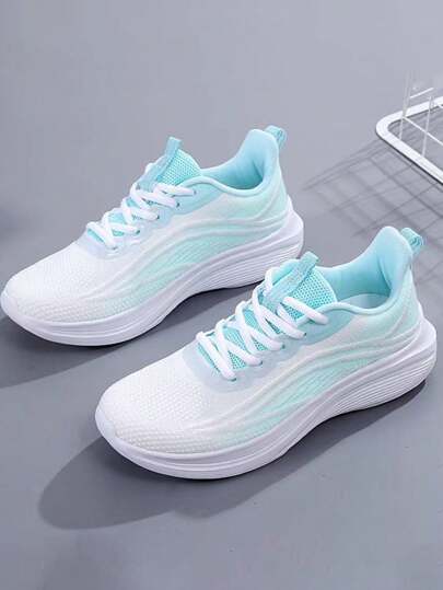 Mujeres de la moda de color de bloqueo de rayas de encaje redondo dedo del pie hasta malla transpirable entrenadores casuales, cómodo antideslizante zapatillas de tenis de las mujeres, los zapatos deportivos de las mujeres para todos los días, el trabajo y el deporte