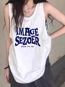 White Racerback Tank Top For Women, Loose Fit, American Sweet & Spicy Design, Stylish Sleeveless T-Shirt, Summer