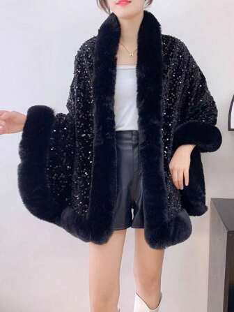 1pc Autumn/Winter Faux Fur Trim Shiny Cape, Flannel Lined Casual Party Elegant Poncho Outerwear