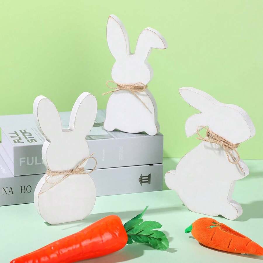 3 Pcs Easter Bunny Table Wooden Signs With Rope Easter Spring Wooden Tiered Tray Decor Rabbit Tabletop Party Centerpiece Signs Spring Decorations For Home Dining Room Desk Office Gifts Birthday Graduation - White - View 1
