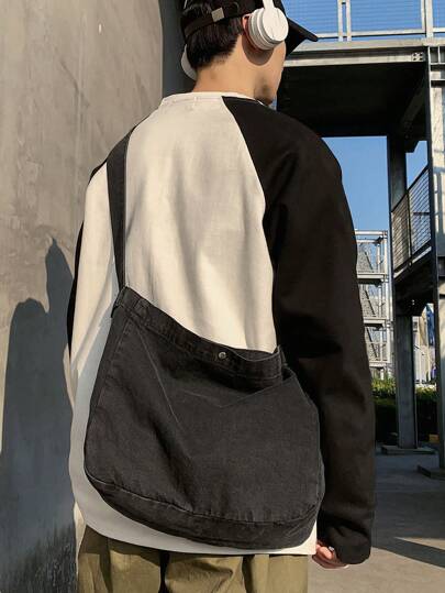 peach tree 1pc Minimalist Washed Denim & Canvas Shoulder Bag, Large Capacity Crossbody Bag For Men, Suitable For Couples, Valentine's Day Gift, Casual Mini Messenger Bag, Halloween, Christmas Present Black Bag Travel Essentials Holiday Essentials Camping Sling Bag For Men Bags Summer Back To School Summer Bag Spring Break Vacation Bag Pack Cross Body Bag School Supplies Sling Bag Side Bags For Men New Life Items For Students Men Essentials Back To School Supplies Shopping Bag Canvas Tote Bag Laptop Bag