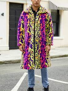 Men's Faux Fur Coat Contrast Animal Print Lapel Neck Open Front Long Sleeve Long Jacket Winter Warm Outwear - Multicolor - View 1