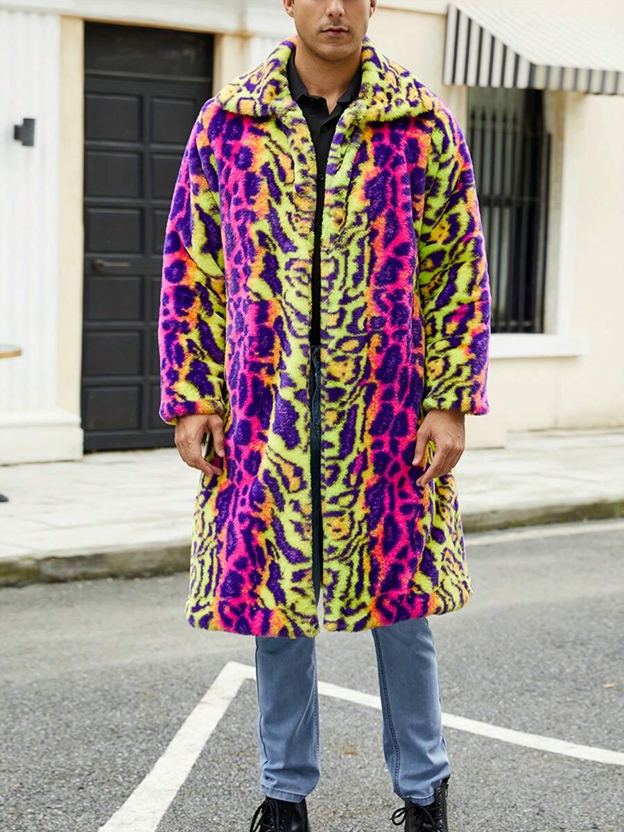 Men's Faux Fur Coat Contrast Animal Print Lapel Neck Open Front Long Sleeve Long Jacket Winter Warm Outwear - Multicolor - View 1
