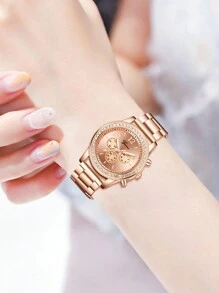 2pcs Fashion Simple Women's Steel Belt Quartz Watch Flower Bracelet Set, Suitable For Daily Matching - Rose Gold - View 5