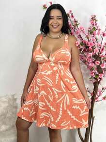 Women's PLUS SIZE Dress 2191 Asa Bela Fitted With Cup And Wide Straps - VISCOLYCRA Fabric - Various Colors - Fresh, Summer, Party, Work, Church, Office, Elegant, Excellent Quality, Maximum Comfort, Perfect Fit - 橘色 - 查看 1
