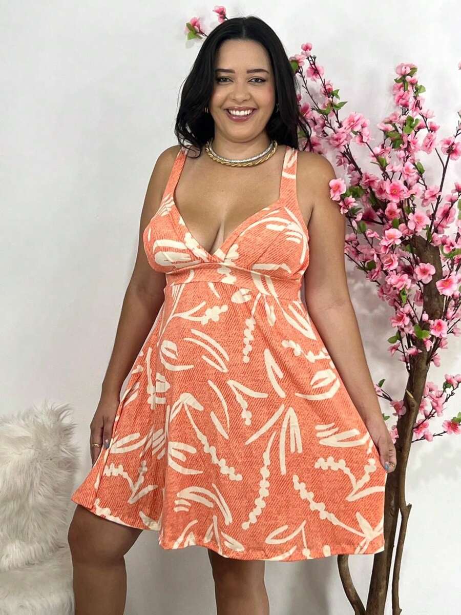 Women's PLUS SIZE Dress 2191 Asa Bela Fitted With Cup And Wide Straps - VISCOLYCRA Fabric - Various Colors - Fresh, Summer, Party, Work, Church, Office, Elegant, Excellent Quality, Maximum Comfort, Perfect Fit - 橘色 - 查看 1