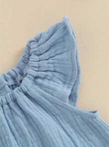 Baby Girl Boy Summer Cotton Linen Romper Clothes Basic Plain Ruffle Sleeveless Comfy Rompers Newborn Tops - 藍色 - 查看 4