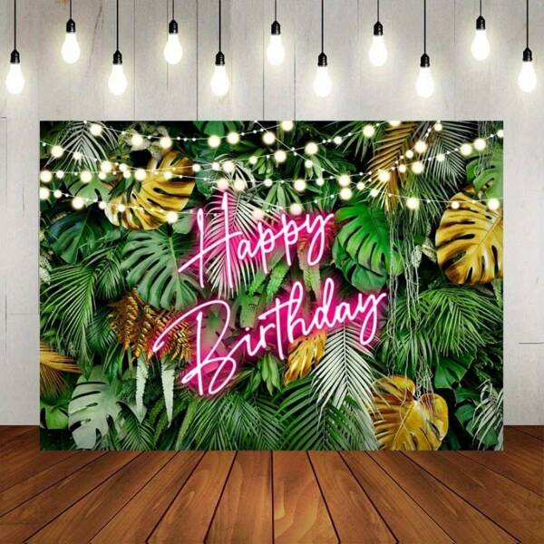 Tropical Palm Leaf Happy Birthday Background | | Hawaii Aloha Jungle-Themed Leafy Pink Neon | No Power Required | Photo Booth Background For Adult Birthday Party Decorations And Cake Table Display