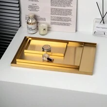 1pc Luxury Stainless Steel Metal Tray, High-End Golden Color Storage Tray, For Bedroom Cosmetics, Jewelry, Entryway Keys, Bathroom, Living Room Tabletop, Rectangular - Multicolor - View 4