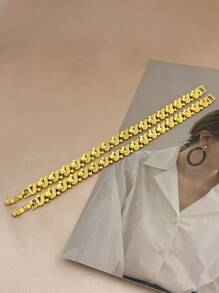 1pc 24K Gold Plated Heart Chain Bracelet, Luxury Women Fashion Gold Plated Bangle Cuff, Matches Any Outfit