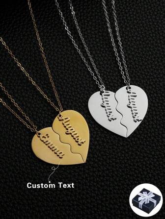 1 Pair Personalized Fashionable Lovers Heart Split Customized Name Necklace, Stainless Steel Gold/Silver Couples Pendant Choker Jewelry Gift For Girlfriend, Mom, Family, Friend, Daughter, Anniversary, Valentine's Day, Mother's Day, Birthday, Graduation, Daily Wear, Wedding, Prom